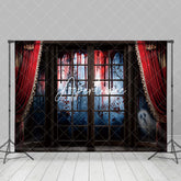 Aperturee - Aperturee Red Curtain Windows Scary Forest Halloween Backdrop